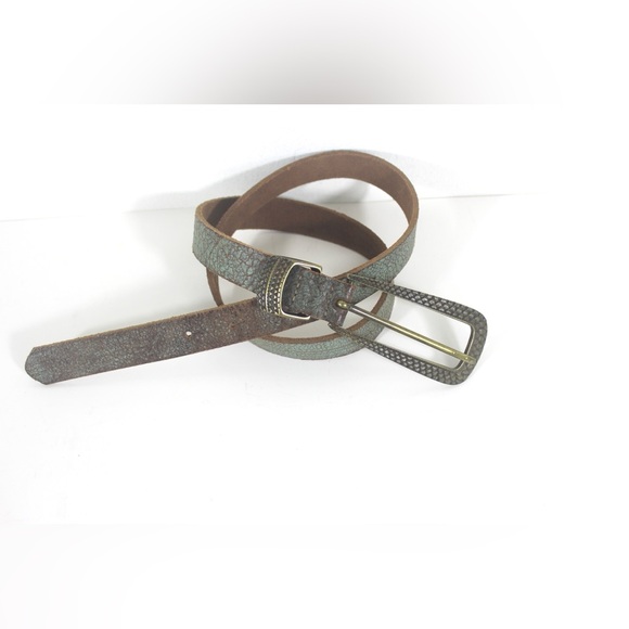 PUNTO FIBBIA Italian Leather Belt Painted Green Crackle Long Brass Buckle Skinny - Picture 10 of 10